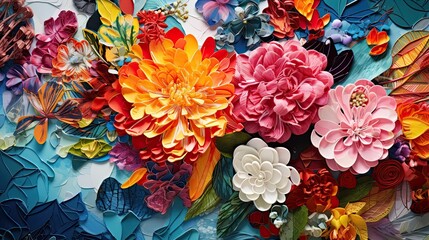 Gorgeous abstract array of vibrant fabric patches, intermixed with fresh spring flowers. - obrazy, fototapety, plakaty