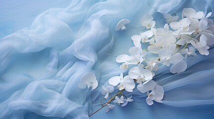 Ethereal blue silk layered delicately with luxurious white orchid branch. 