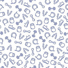 Seamless Pattern of Fitness or Gym Related Icons in Outline Style. Kettlebell, Dumbbells, Jumping Rope, Running Shoe, Handgrip