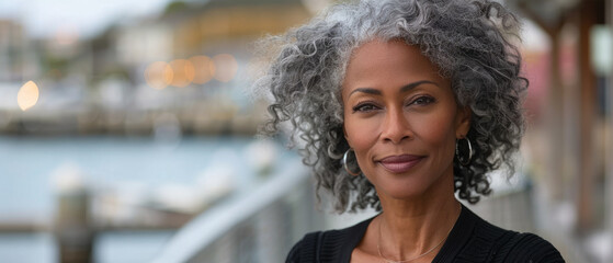 Joyful elderly African American lady with gray curly hair taking a leisurely stroll by a picturesque waterfront boardwalk - obrazy, fototapety, plakaty