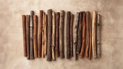 The image features an arrangement of tree sticks on a neutral background, highlighting the spice's natural texture and color, suitable for gastronomy and decor themes