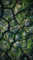 Capture the intricate pattern of cracked earth caused by extreme weather shifts from geoengineering Show the contrast between natures resilience and human intervention