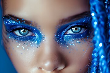 a woman with blue eye makeup