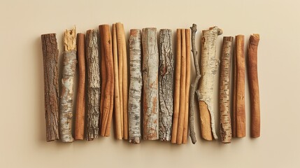 A high-quality image featuring a variety of tree sticks arrayed on a beige surface, showcasing the spice's diversity in texture and color, ideal for culinary and aromatic themes