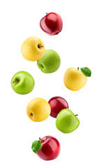 Falling colorful apples, red green and yellow fruit, isolated on white background, full depth of...