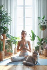 woman in yoga meditating position with beautiful cat home practising relaxing exercises 