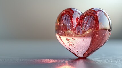 A translucent red heart with sparkles and refractions sits on a reflective surface, conveying emotions of love and beauty, ideal for romantic and valentine's themes, with text area.