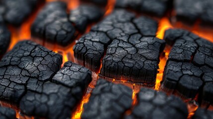   A tight shot of a grill coated in dark residue, with vivid orange flames engulfing its surface - obrazy, fototapety, plakaty
