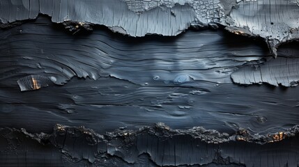   A tight shot of a wooden slice, appearing as if split in two and coated in black paint - obrazy, fototapety, plakaty