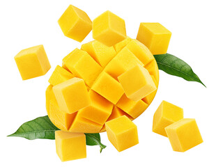 Falling Mango cubes isolated on white background, full depth of field