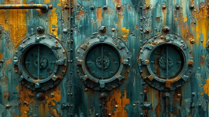   A tight shot of a weathered metal door with two round knobs – one on the front and one on the back