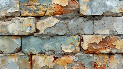   A close-up of a brick wall with peeling paint on its sides