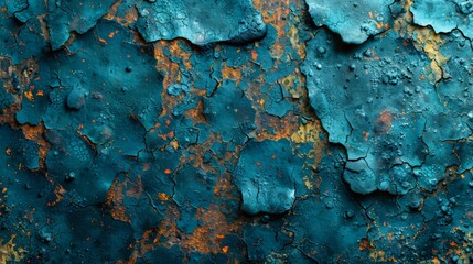   A tight shot of a weathered metal expanse, displaying blue and orange hues at its upper and lower edges - obrazy, fototapety, plakaty