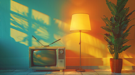 Illustration of a vintage television set with lamp in 70s style, capturing the nostalgia and aesthetics of an earlier era. - obrazy, fototapety, plakaty