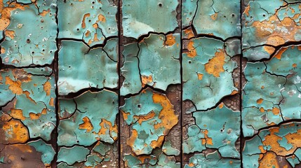   A tight shot of a corroded metal surface, revealing peeling paint from its layer and the underlying metal