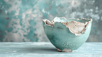  A broken eggshell atop a table, near a green vase with a separate cracked eggshell - obrazy, fototapety, plakaty