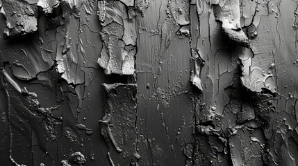   A black-and-white image of a wall adorned with peeling paint Peeling paint covers the entire surface - 784425577