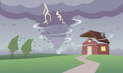 Bad weather landscape with tornado hurricane and a house damaged by whirlwind. Vector illustration.