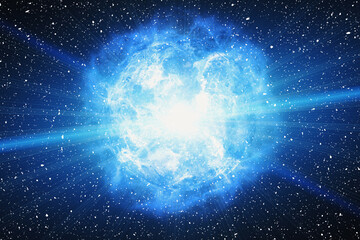 bright energy flash in center image with space stars and dust. The illustration was made using Photoshop plugins, not AI - 784425712