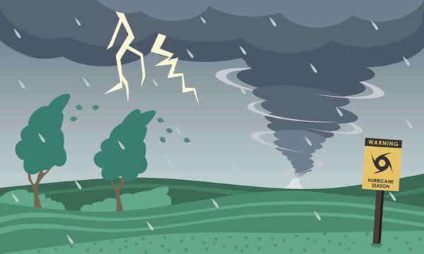 Bad weather landscape with tornado hurricane and disaster sign. Vector illustration.