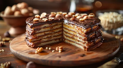 Foto op Canvas   A layered cake on a wooden platter, featuring chocolate frosting and nuts Slice exposed © Jevjenijs