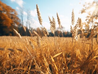 Fototapeta premium A serene view of a field of tall grass with trees in the background
