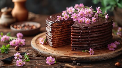   A chocolate cake atop a wooden cutting board, surrounded by cake slices and pink blooms