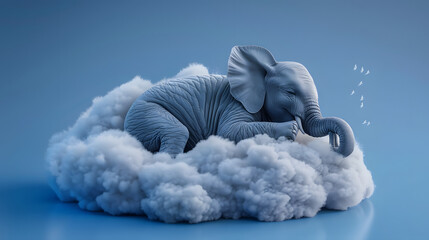 A cute little baby elephant sleeps on a cloud 3d. 
