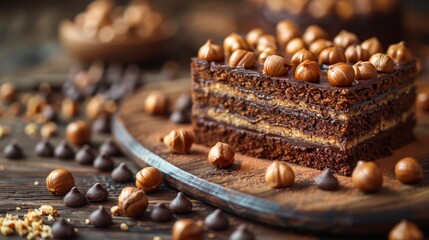   A cake sits atop a wood cutting board, adjacent to a plate holding nuts - obrazy, fototapety, plakaty