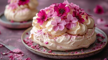   A cake, adorned with white frosting and pink flowers, sits atop a plate A fork lies beside it