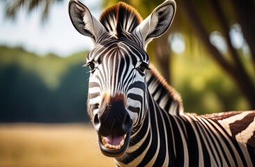 Naklejka premium Zebra smiles. Zebra with mouth open looking like it is laughing and happy