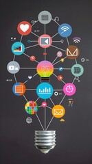 An icon of an idea bulb with various digital marketing icons connected to it, such as social media symbols and graphs The background is a dark grey, creating contrast against the bright colors on the
