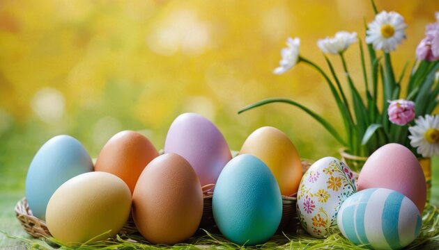 Beautiful postcard with Easter decoration and painted colorful Easter eggs. Banner