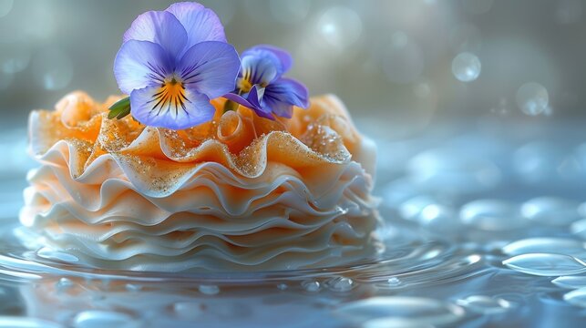   A tight shot of a cake adorned with a flower atop and water droplets pooling below