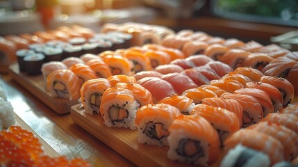   A tight shot of sushi on a tray, positioned against a backdrop of additional sushi trays on a table