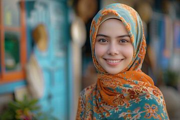 Portrait of young asian muslim woman wearing hijab head scarf in city while looking at camera. Closeup face of cheerful woman covered with headscarf smiling out, blurred background