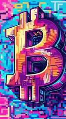 Illustrate a Bitcoin from a tilted angle using pixel art techniques, emphasizing the geometric structure and vibrant colors of the currency