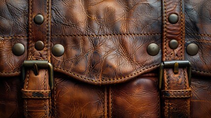   A detailed shot of a brown leather bag, adorned with rivets on its front - obrazy, fototapety, plakaty