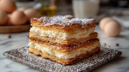   A cake stack sits atop a plate on a table, with a nest of eggs nearby