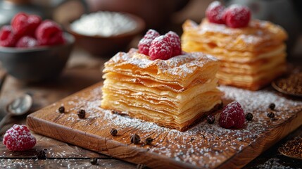   A wooden cutting board holds a stack of pancakes, dusted with powdered sugar Nearby, bowls of the sweetener and fresh raspberries wait - obrazy, fototapety, plakaty