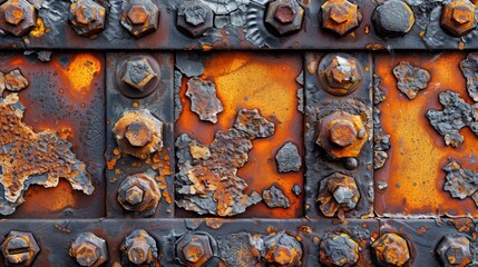   A rusted metal surface, densely populated with numerous rivets and screws, all displaying various degrees of rust and chipping - obrazy, fototapety, plakaty