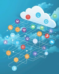 An illustration of cloud technology with icons representing different applications and data connections, symbolizing the wide range of various connected devices in an AI network on blue background