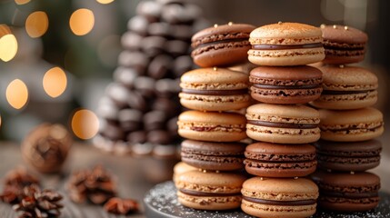   A stack of macaroons on a plate, next to a mound of chocolate-covered macaroons