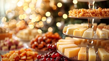   A tight shot of a cheese and cracker spread on a table, with a Christmas tree prominently displayed in the background