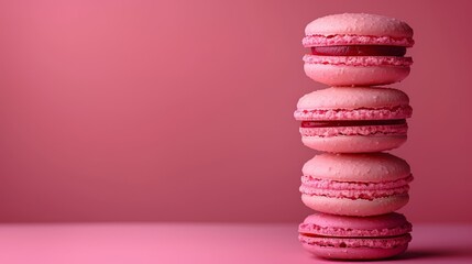   Three pink macaroons neatly stacked on a pink surface against a matching pink background