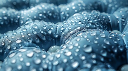   A tight shot of water droplets clinging to a blue object, with more dotting its surface
