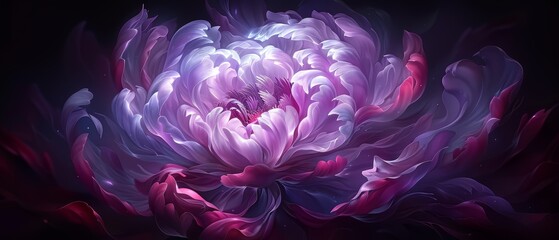   A large purple flower against a black backdrop, its petals – pink and white – radially arranged at the center - obrazy, fototapety, plakaty