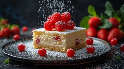  A cake sit atop a plate, coated in powdered sugar, with raspberries as its garnish