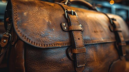   A detailed shot of a brown leather bag Strap encircles its bottom Button is situated on its side - obrazy, fototapety, plakaty