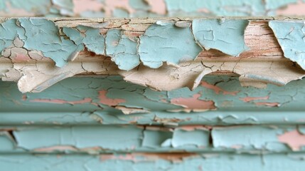   A tight shot of peeling paint on a weathered wooden surface, with chips of both paint and wood separating